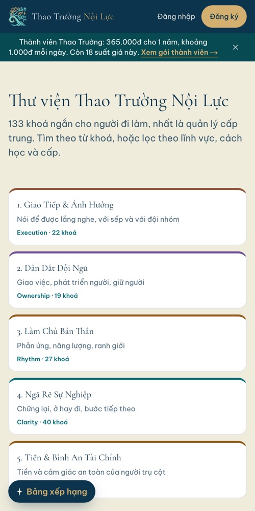 Thư viện khoá học Thao Trường Nội Lực trên điện thoại, lọc theo lĩnh vực